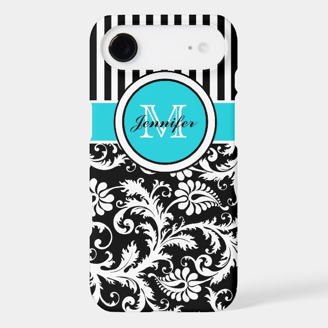 Monogram Aqua Black White Striped Damask iPhone 6  Case-Mate iPhone Case (Back)