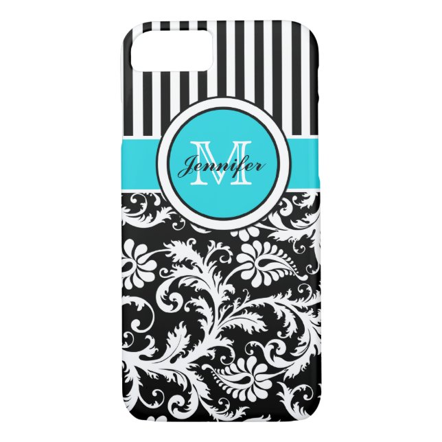 Monogram Aqua Black White Striped Damask iPhone 7 Case-Mate iPhone Case (Back)