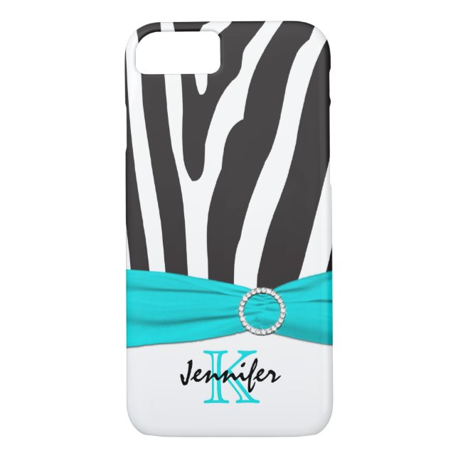 Monogram Aqua, Black, White Zebra Striped iPhone 7 Case-Mate iPhone Case (Back)