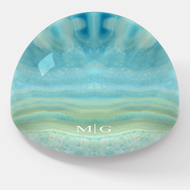 Monogram Aqua Blue Agate rock Gem Stone Pattern Paperweight (Angled)