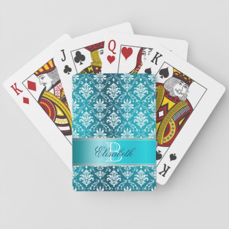 Monogram Aqua Blue And White Damask Playing Cards