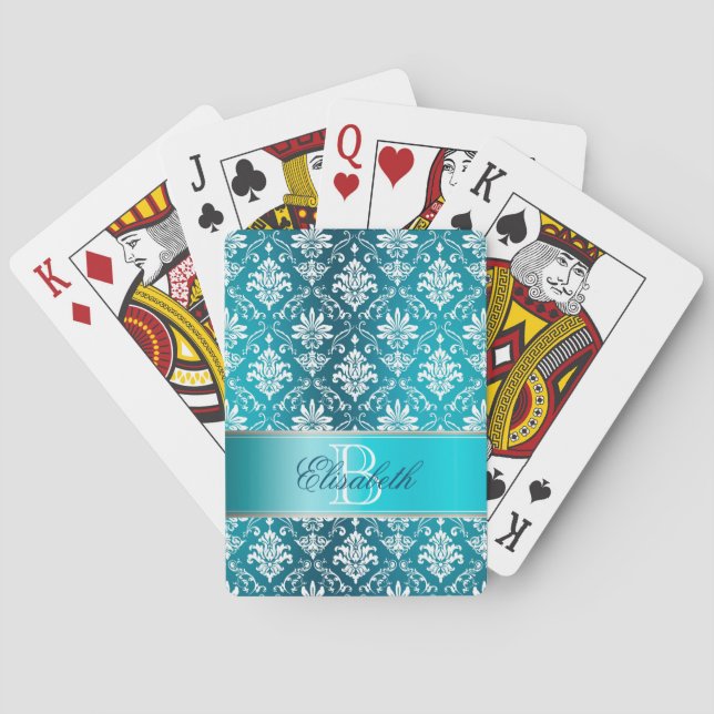Monogram Aqua Blue and White Damask Poker Cards (Back)