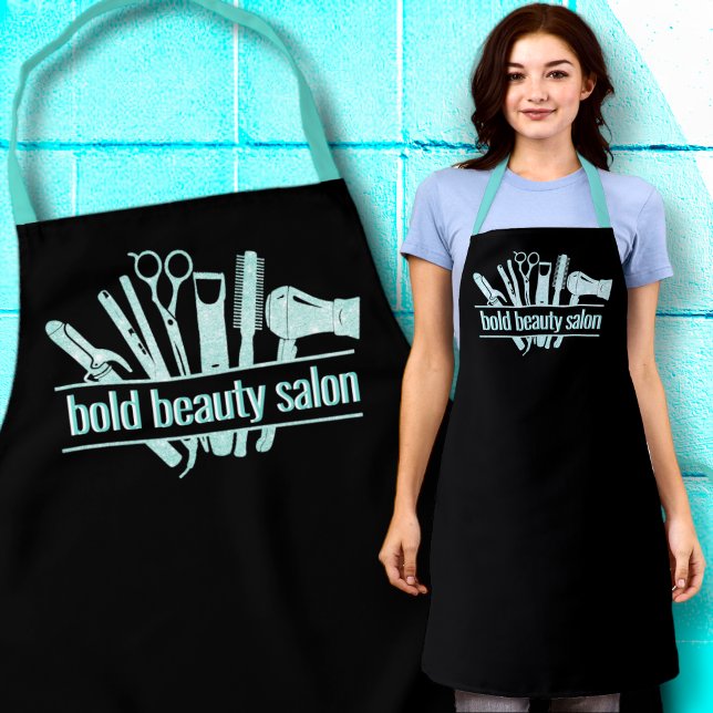 Monogram Aqua Blue Beauty Salon Tools Stylist Blck Apron (Creator Uploaded)