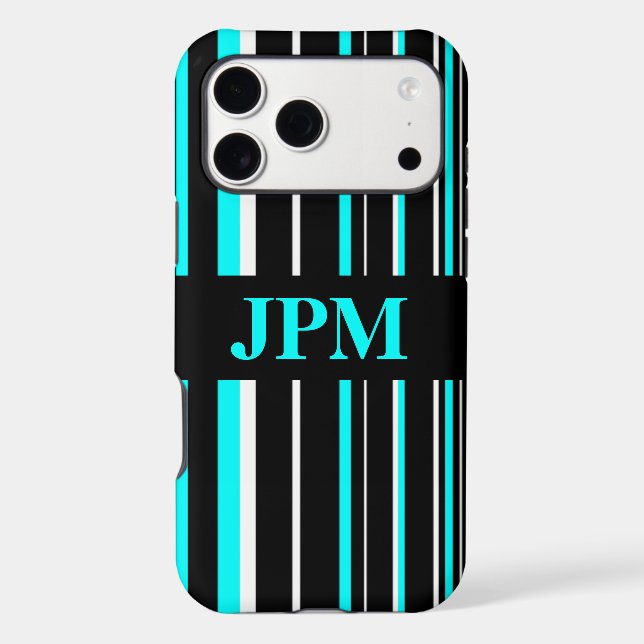 Monogram Aqua Blue, Black Barcode Stripe Case-Mate iPhone Case (Back)