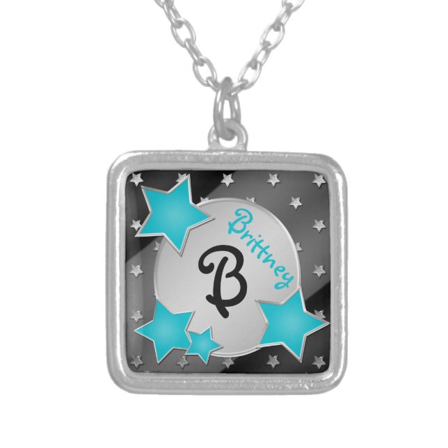 Monogram Aqua Blue, Black, Silver Stars Necklace (Front)