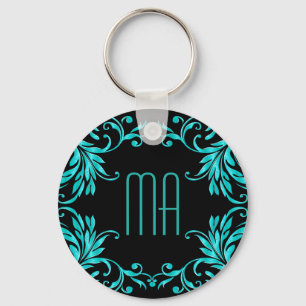Monogram Aqua Blue Damask Keychain