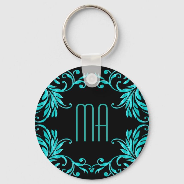 Monogram Aqua Blue Damask Keychain (Front)