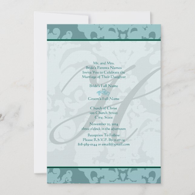 Monogram Aqua Blue Damask Wedding Invitation (Front)