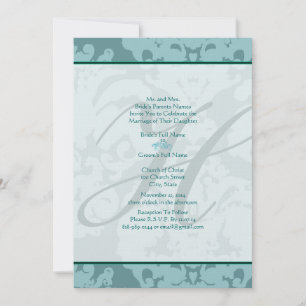 Monogram Aqua Blue Damask Wedding Invitation
