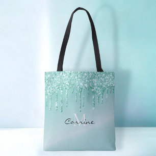 Monogram Aqua Blue Dripping Glitter Metallic Name Tote Bag