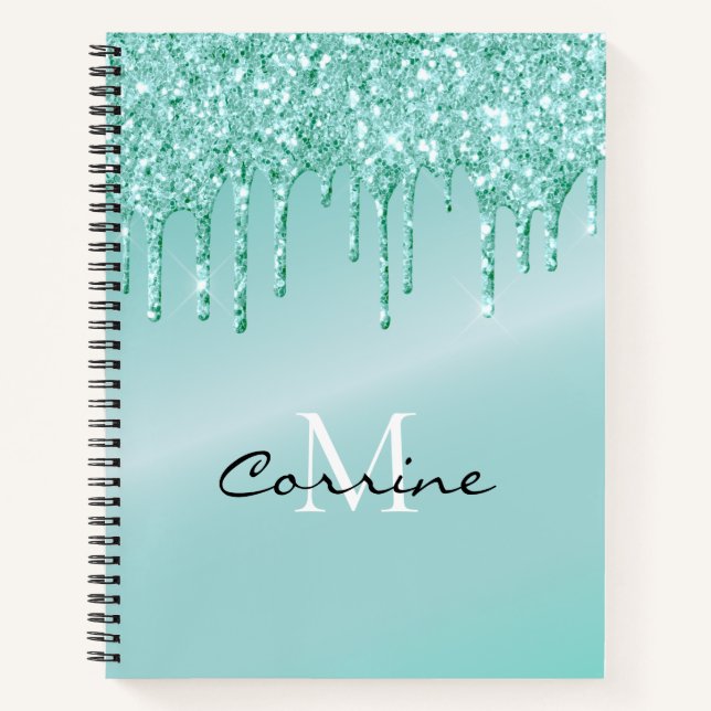 Monogram Aqua Blue Dripping Glitter Metallic Notebook (Front)