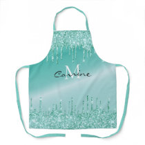 Monogram Aqua Blue Dripping Teal Glitter Metallic Apron Monogram Aqua Blue Dripping Teal Glitter Metallic Apron