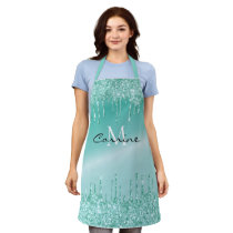 Monogram Aqua Blue Dripping Teal Glitter Metallic Apron Monogram Aqua Blue Dripping Teal Glitter Metallic Apron