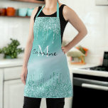 Monogram Aqua Blue Dripping Teal Glitter Metallic Apron<br><div class="desc">Dripping faux Robins egg aqua blue metallic ombre turquoise glitter melting icing sparkles paint drip gradient holographic background new luxury all over print full bistro apron template to add your name, monogram, or whatever text you'd like. gorgeous, chic, beautiful, feminine, sophisticated and unique, the perfect gift for any glitter loving...</div>