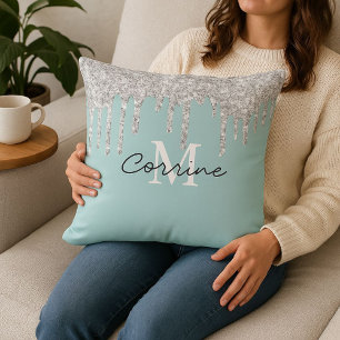Monogram Aqua Blue Foil + Silver Dripping Glitter Throw Pillow