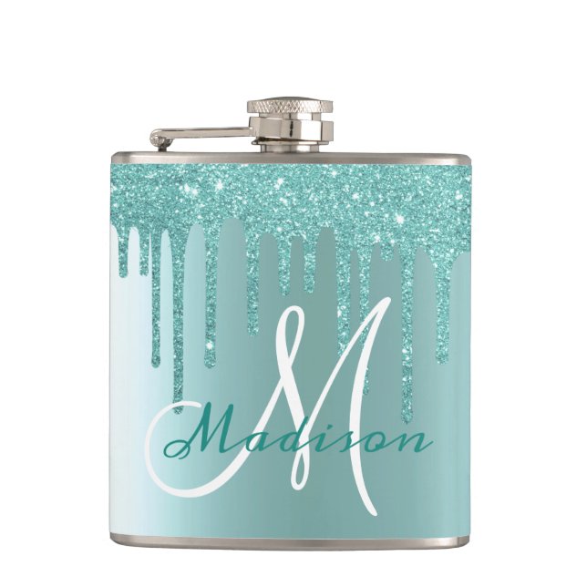 Monogram Aqua Blue Glitter Drips Girly Flask (Front)