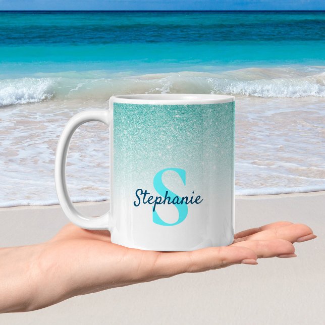 Monogram Aqua Blue Glitter Ombre Glam Coffee Mug (Creator Uploaded)
