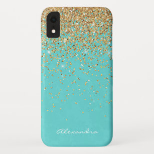 Monogram Aqua Blue Gold Glitter Confetti Girly iPhone XR Case