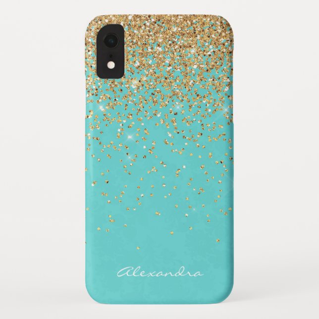 Monogram Aqua Blue Gold Glitter Confetti Girly Case-Mate iPhone Case (Back)