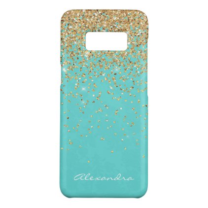 Monogram Aqua Blue Gold Glitter Confetti Girly Case-Mate Samsung Galaxy S8 Case