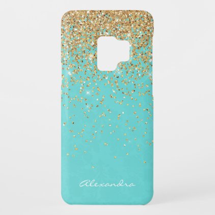 Monogram Aqua Blue Gold Glitter Confetti Girly Case-Mate Samsung Galaxy S9 Case