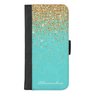 Monogram Aqua Blue Gold Glitter Confetti Girly iPhone 8/7 Plus Wallet Case