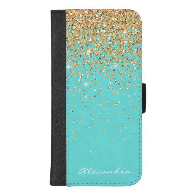 Monogram Aqua Blue Gold Glitter Confetti Girly iPhone Wallet Case (Front)