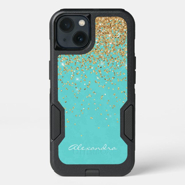 Monogram Aqua Blue Gold Glitter Confetti Girly Otterbox iPhone Case (Back)