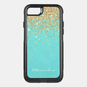 Monogram Aqua Blue Gold Glitter Confetti Girly OtterBox Commuter iPhone SE/8/7 Case