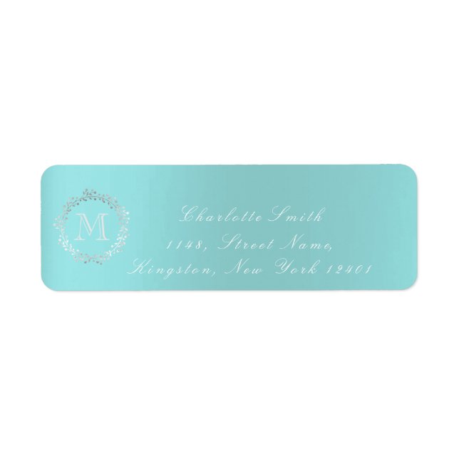 Monogram Aqua Blue Gray Silver Wreath Blush RSVP Label (Front)
