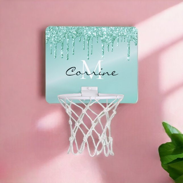Monogram Aqua Blue Metallic Dripping Glitter Mini Basketball Hoop (Creator Uploaded)