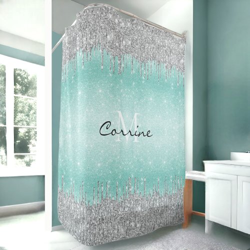Monogram Aqua Blue Ombre Glitter Silver Icing Drip Shower Curtain