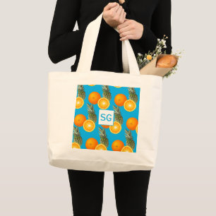 Monogram Aqua Blue Pineapple Orange Fruit Pattern Large Tote Bag