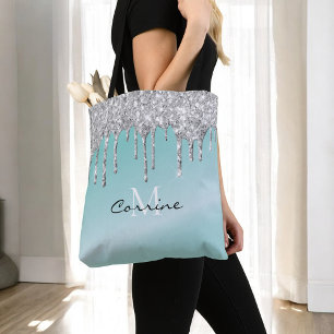 Monogram Aqua Blue + Silver Dripping Glitter Name Tote Bag