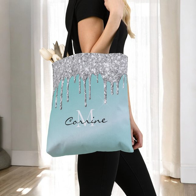Monogram Aqua Blue + Silver Dripping Glitter Name Tote Bag (Creator Uploaded)