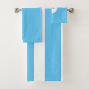 Monogram Aqua Blue White Cabana Striped  Bath Towel Set by Susang6 at Zazzle
