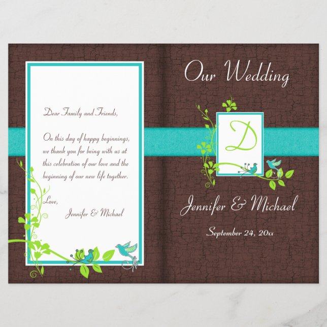 Monogram Aqua Brown Green Floral Wedding Program (Front)
