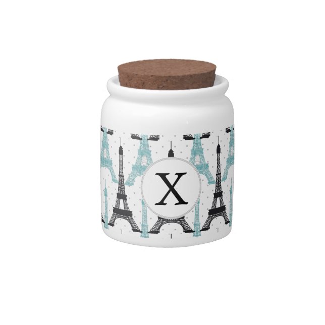 Monogram Aqua Chic Eiffel Tower Pattern Candy Jar (Front)