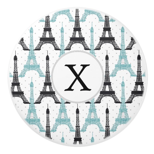 Monogram Aqua Chic Eiffel Tower Pattern Ceramic Knob (Front)