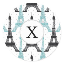 Monogram Aqua Chic Eiffel Tower Pattern Classic Round Sticker