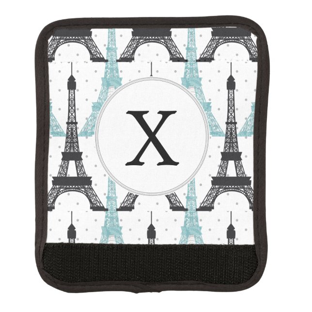 Monogram Aqua Chic Eiffel Tower Pattern Luggage Handle Wrap (Front)