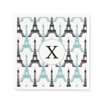 Monogram Aqua Chic Eiffel Tower Pattern Paper Napkins