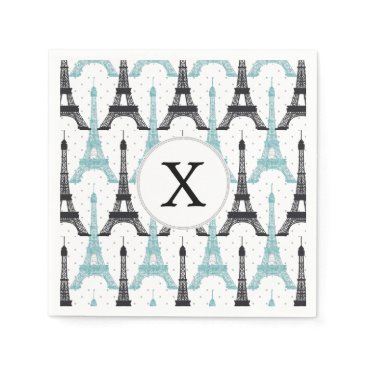 Monogram Aqua Chic Eiffel Tower Pattern Paper Napkins
