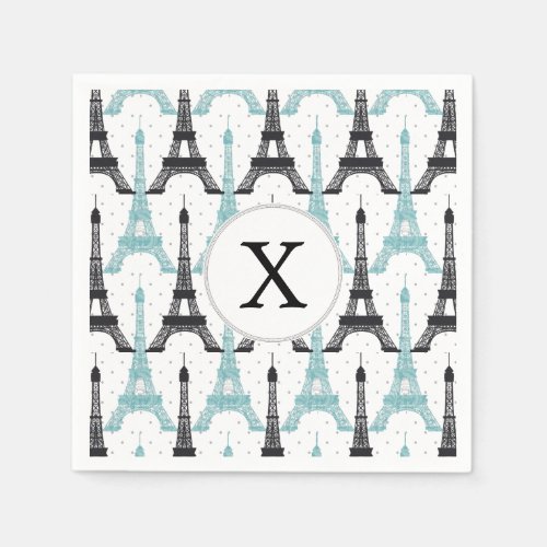 Monogram Aqua Chic Eiffel Tower Pattern Paper Napkins