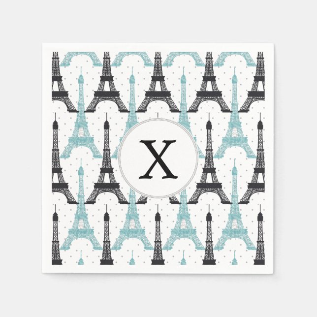 Monogram Aqua Chic Eiffel Tower Pattern Paper Napkins (Front)