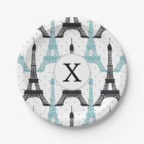 Monogram Aqua Chic Eiffel Tower Pattern Paper Plates