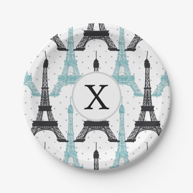 Monogram Aqua Chic Eiffel Tower Pattern Paper Plates (Front)