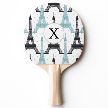 Monogram Aqua Chic Eiffel Tower Pattern Ping Pong Paddle