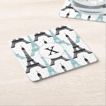 Monogram Aqua Chic Eiffel Tower Pattern Square Paper Coaster