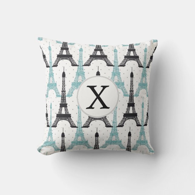 Monogram Aqua Chic Eiffel Tower Pattern Throw Pillow (Front)